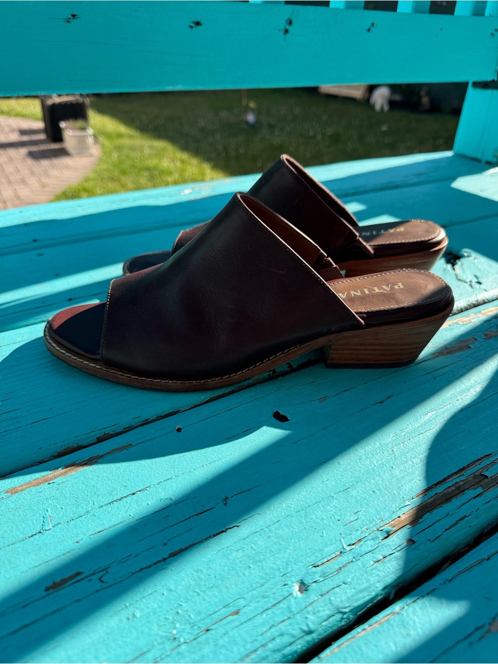 Luxury patina leather open toe, low heel mules, size 9 women cognac